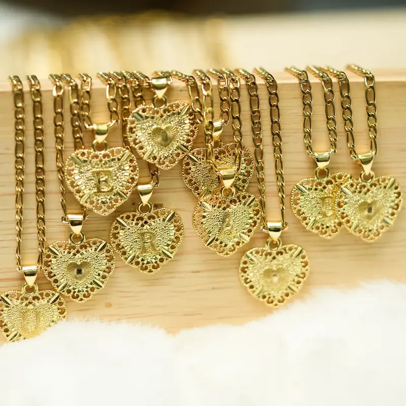 Heart Initial Letter Pendant Necklace for Men and Women, Heart Capital Monogram Necklace, Alhpabets from A-Z Figaro Chain Nec...