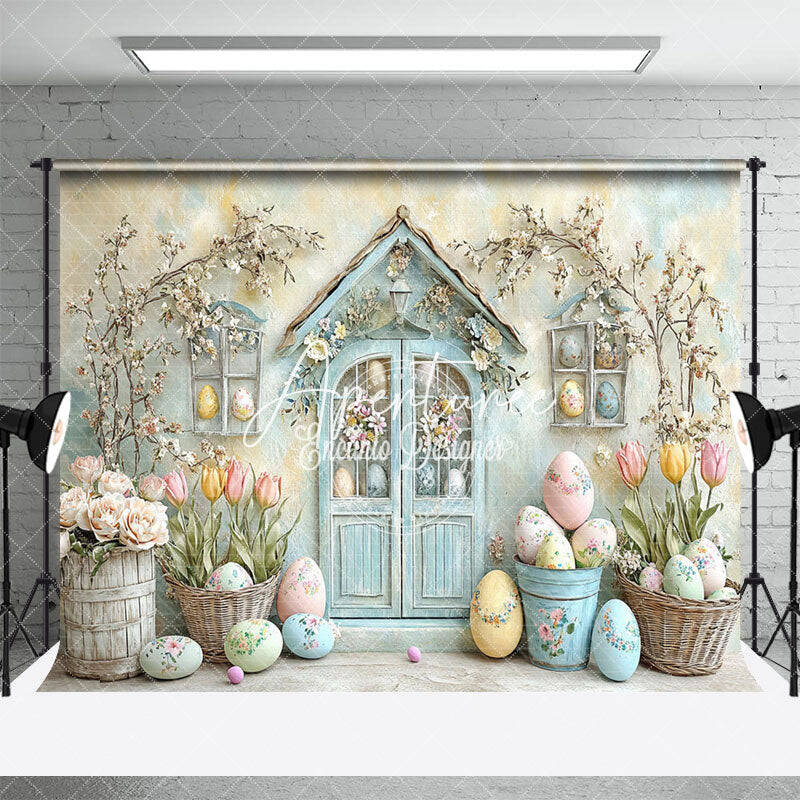 Aperturee Retro Rustic Door Floral Eggs Easter Photo Backdrop, 3X2FT(1MX0.6M), 14 USD, easter backdrops, ENHD2J78-M