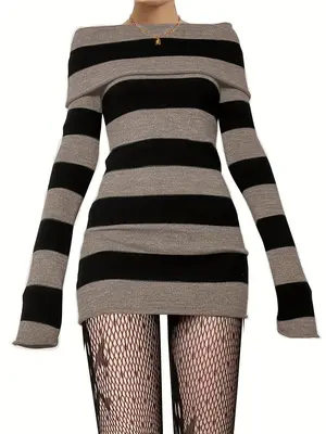 Women's Y2k Trendy Striped Print Off Shoulder Bodycon Knit Dress, Fashion Casual Long Sleeve Sweater Mini Dress for Fall & Wi...