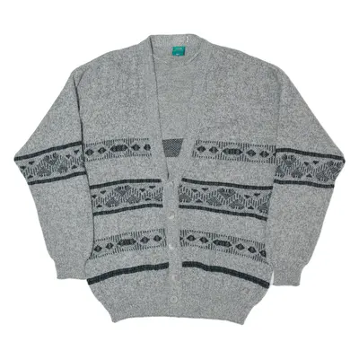 CANADA Womens Patterned Cardigan Grey Fair Isle Button Neck Tight Knit L