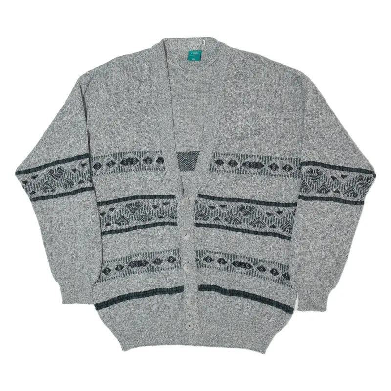CANADA Womens Patterned Cardigan Grey Fair Isle Button Neck Tight Knit L