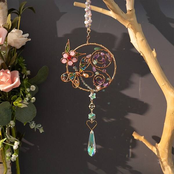 Wire Wrapped Natural Gemstone Beads & Metal Dragonfly Hanging Ornaments