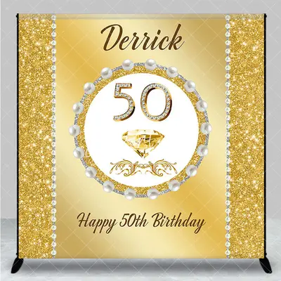 Aperturee Gold Glitter Pearl Custom Name 50th Birthday Backdrop, 3X3FT(1X1M), 15 USD, custom birthday backdrops, DZCJ8N30-O