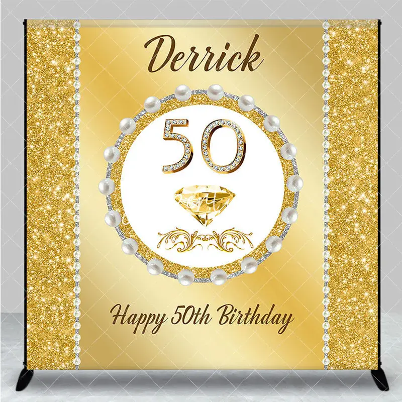 Aperturee Gold Glitter Pearl Custom Name 50th Birthday Backdrop, 3X3FT(1X1M), 15 USD, custom birthday backdrops, DZCJ8N30-O