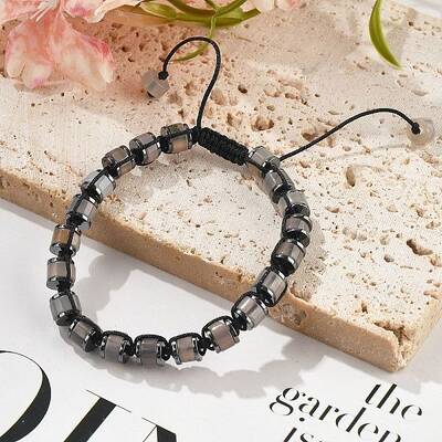 Adjustable Natural Grey Agate and Non-magnetic Synthetic Hematite Braided Bead Bracelets