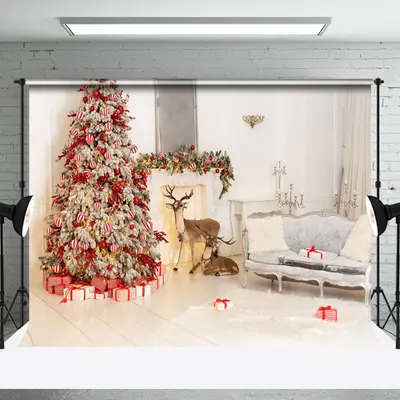 White Room Elk Sofa Pine Tree Christmas Backdrop - Aperturee