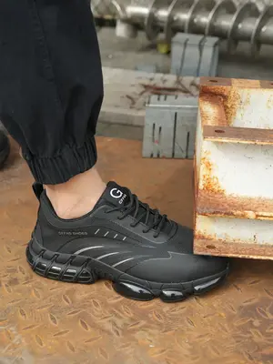 Men's Letter Patched Design Lace Up Front Low Top Safety Shoes, Casual Comfortable Breathable Lightweight Non-slip Steel Toe...