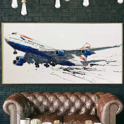 Abstract Airplane Paintings On Canvas British Aviation Company Art Impasto Painting Airbus Artwork 30x60 Art In Custom Size W...