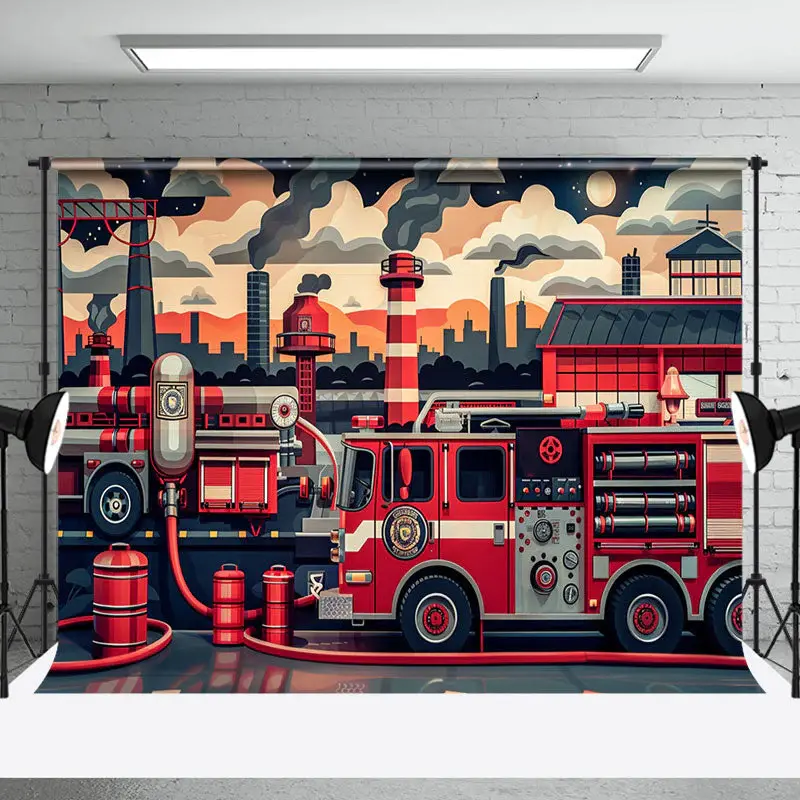 Night Red Fire Truck Operation Cake Smash Backdrop