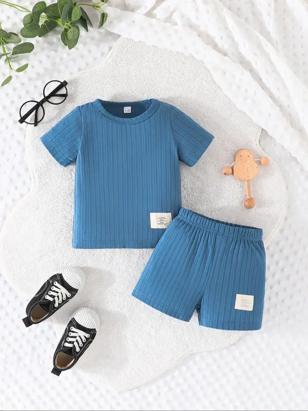 Baby's Patched Tee & Shorts Set, Casual Short Sleeve T-shirt & Shorts, Summer Outfits Clothes for Kids