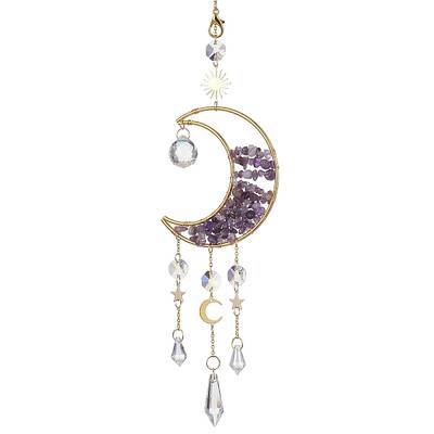 Wire Wrapped Natural Amethyst Chip & Brass Moon Pendant Decorations