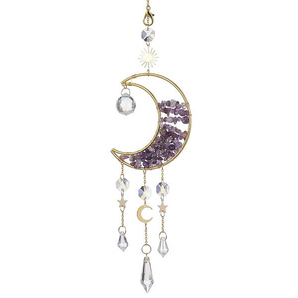 Wire Wrapped Natural Amethyst Chip & Brass Moon Pendant Decorations