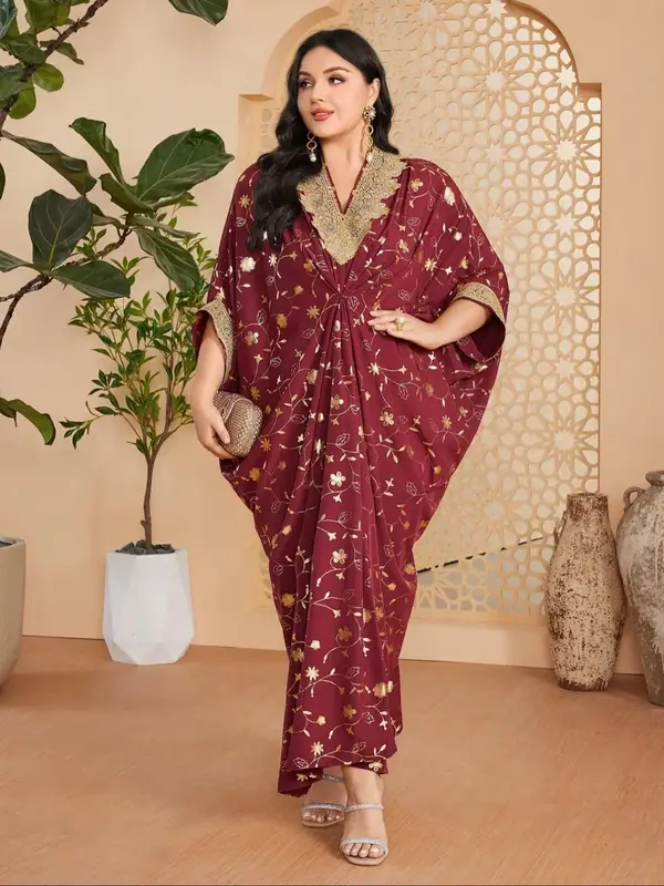 Plus Size Floral Print Batwing Sleeve Shawl Collar Dress, Elegant Long Sleeve Open Front Dress for Party Holiday Wedding Gues...