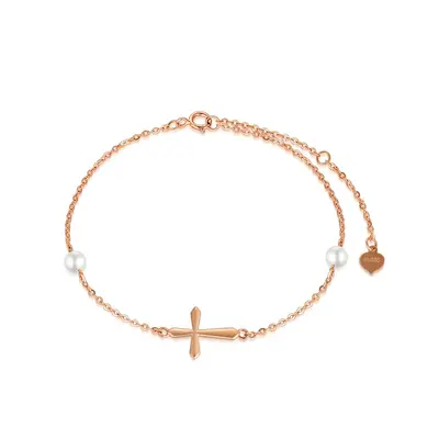 14K Rose Gold Pearl Cross Charm Bracelet
