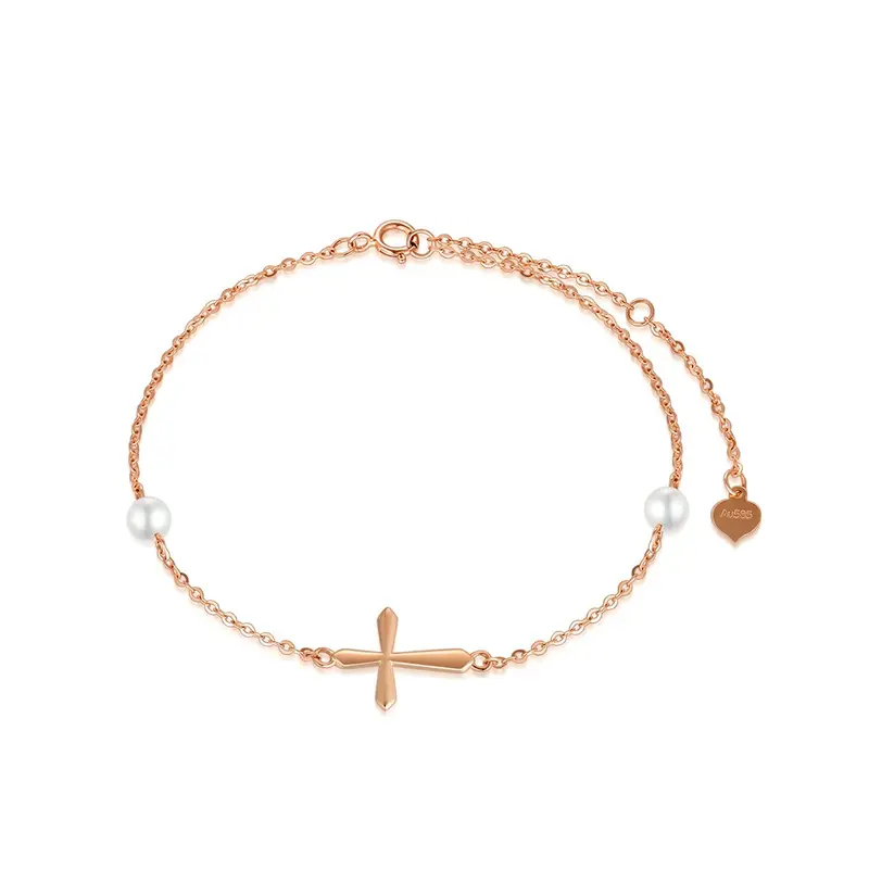14K Rose Gold Pearl Cross Charm Bracelet