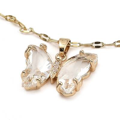 Butterfly Light Gold Brass Micro Pave Cubic Zirconia Pendant Necklaces