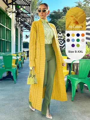 Women's Solid Drop Shoulder Pocket Cable Knit Cardigan, Casual Long Sleeve Open Front Knitwear for Fall & Winter, Women's Kni...