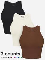 Womens 3/4 Counts Crop Tank Tops, Round Neck Racerback Basic Top, Seamless Ribbed Summer Causal Tops