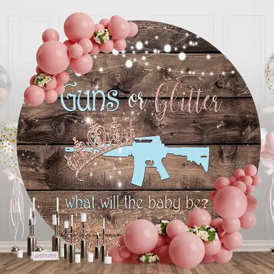Guns Or Glitter Wooden Round Gender Reveal Backdrop - Aperturee