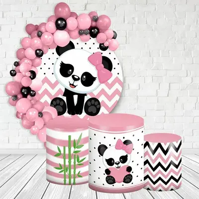 Aperturee Cute Panda Round Pink Happy Birthday Party Backdrop Kit | Custom Round Backdrop | Round Backdrop Stand Covers | Cir...