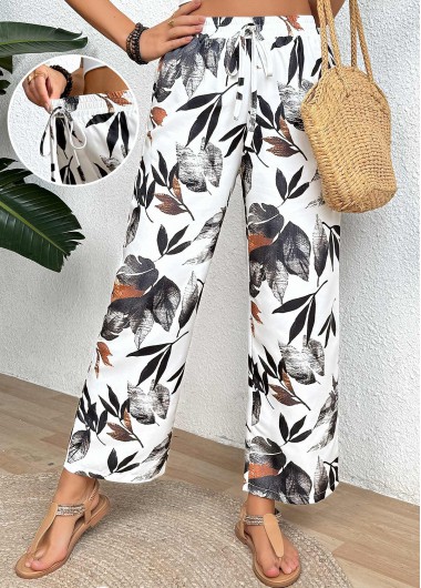 Modlily White Leaf Print Straight Leg Elastic Waist Pants - S