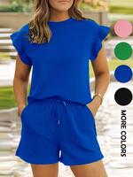Two-Piece Set Women's Solid Color Top & Shorts, Casual Fashion Cozy Breathable for Daily Outdoor Wear, Ladies Summer Clothes...