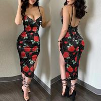 ChicMe Women's Colorful Sequin Floral Jacquard Pattern Bodycon Dress Backless Slit Party Club Slip Dress
