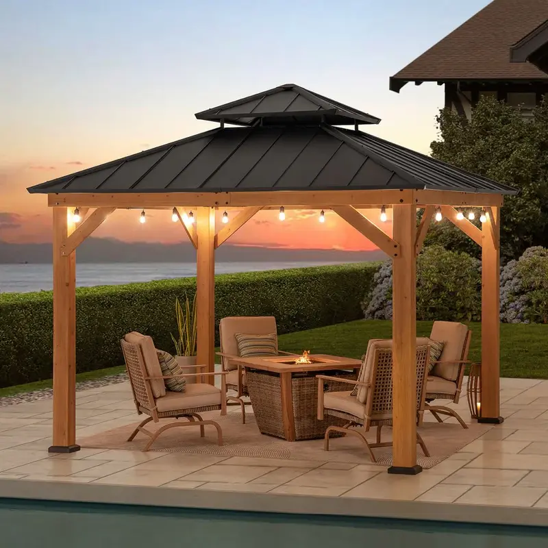 SUNJOY 11x11 Wooden Frame Backyard Hardtop Gazebo with Ceiling Hook - Upgrade Natural Cedar