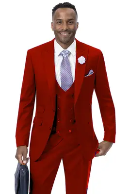 Red Men's Modern Two-Button Peak Lapel Suit with Double-Breasted Vest
