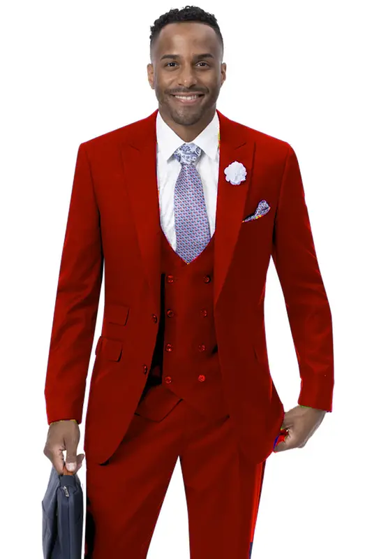 Red Men's Modern Two-Button Peak Lapel Suit with Double-Breasted Vest