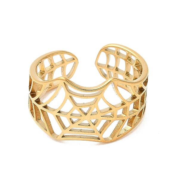 Ion Plating(IP) 304 Stainless Steel Hollow Spider Web Open Cuff Ring for Women