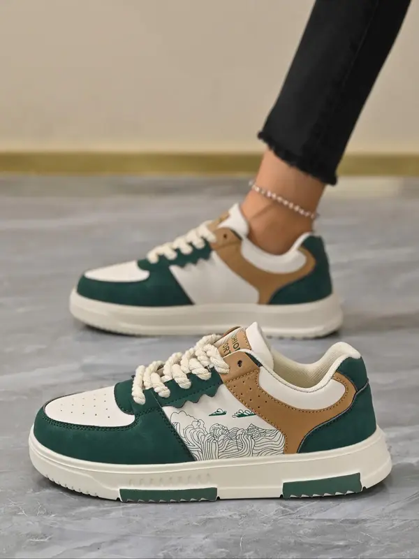 Women's Fashionable Colorblock Letter Label Design Lace Up Low Top Sneakers Shoes , Casual Comfortable Breathable Sports Runn...