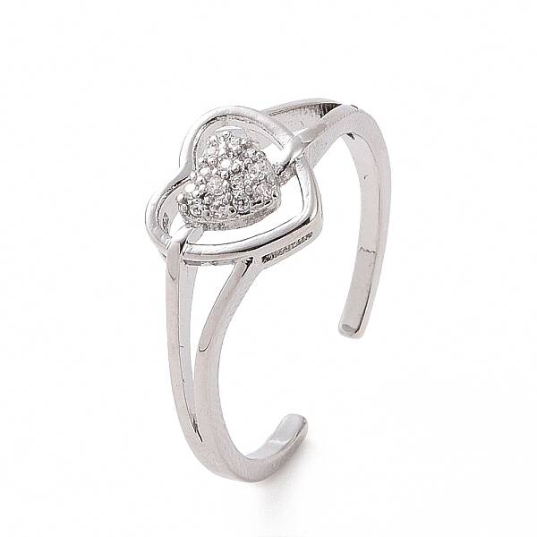 Clear Cubic Zirconia Heart Open Cuff Ring