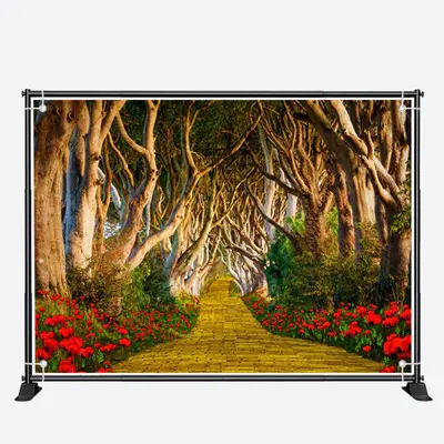 Long Brick Road Forest Red Flower Spring Backdrop - Aperturee
