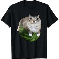Watermelon Cat Silly Cat Meme Tee Shirt Homme New in Top Men Clothing short sleeve Round Neck Printing Pullover T-Shirt 50249