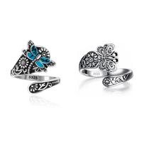S925-Sterling-Silver Dragonfly/Butterfly Spoon Ring - Vintage Boho Sunflower Thumb Rings Oxidized Wrap Ring Victorian Style A...