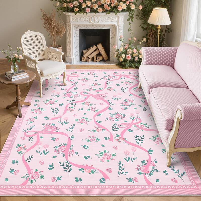 Garvee Coquette Pink Bow Rugs for Bedroom Girls, 5x7 Area Rugs for Living Room with Soft Low Pile, Non Slip Floral Washable R...