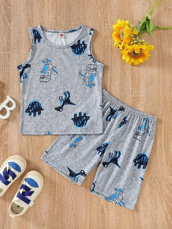 Toddler Boy's Cartoon Dinosaur Print Tank Top & Shorts Set, Casual Sleeveless Top & Shorts, Summer Outfits Clothes for Kids