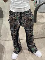 Men's Patchwork Leaf Print Pocket Drawstring Waist Flare Leg Pants, Street Fashion Casual Comfy Bell Bottom Trousers for Dail...
