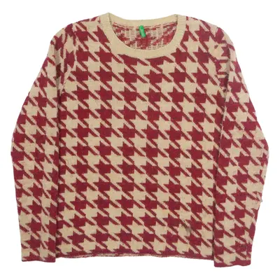 UNITED COLORS OF BENETTON Womens Patterned Jumper Red Houndstooth Tight Knit Wool XS