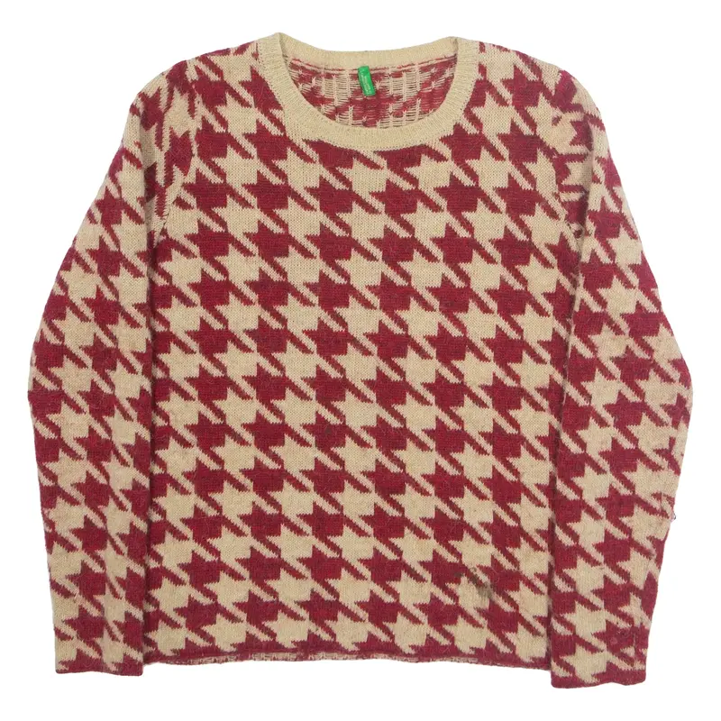 UNITED COLORS OF BENETTON Womens Patterned Jumper Red Houndstooth Tight Knit Wool XS