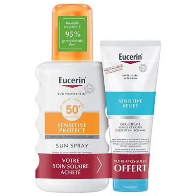 Eucerin Sensitive Sunscreen SPF50+ Spray 200ml + Sensitive Relief Aftersun Gel-Cream 50ml FREE