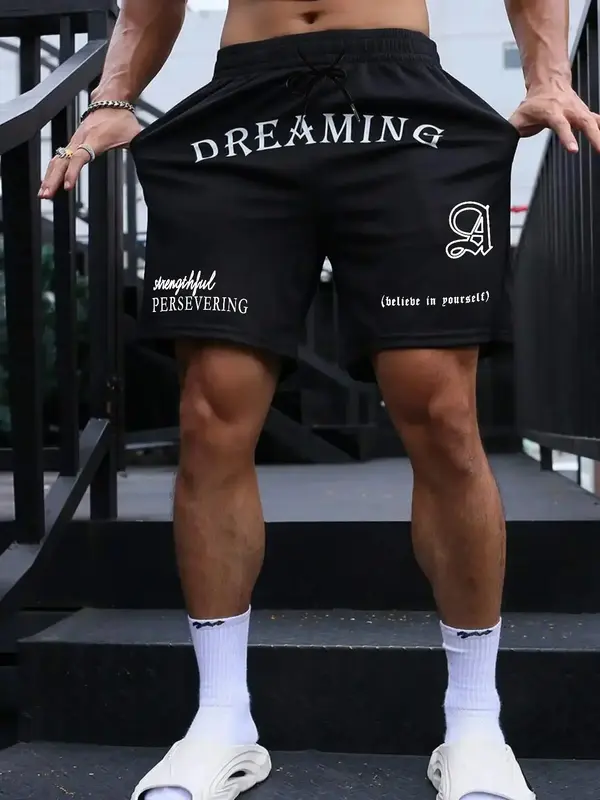 Men's Letter Print Pocket Drawstring Shorts, Regular Fit Casual Street Elastic Waist Straight Leg Shorts for Summer, Fashio...