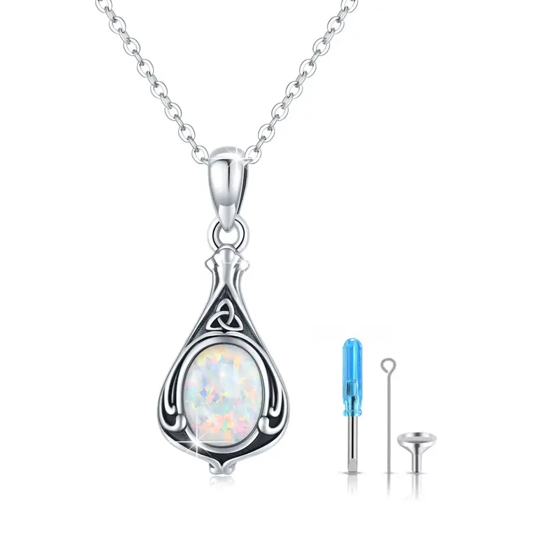 Sterling Silver Oval Opal Celtic Knot Drop Shape Cremation Urn Necklace for Ashes