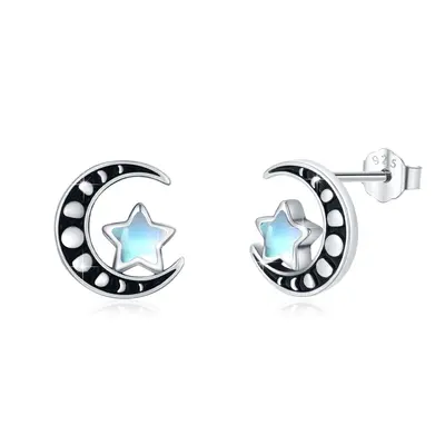 Sterling Silver Moonstone Moon & Star Stud Earrings For Women