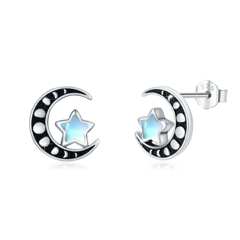 Sterling Silver Moonstone Moon & Star Stud Earrings For Women