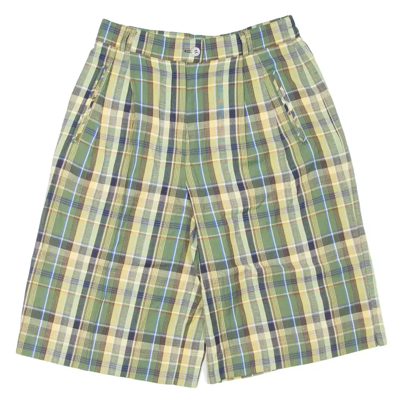Pleated Womens Casual Shorts Green Relaxed Plaid UK 12 W27