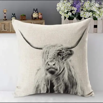 Farmhouse Cow or Pig Decorative Throw Pillow Cover Case Portrait of a Highland Cow Cattle Ox Horn or Cute Pink Pig