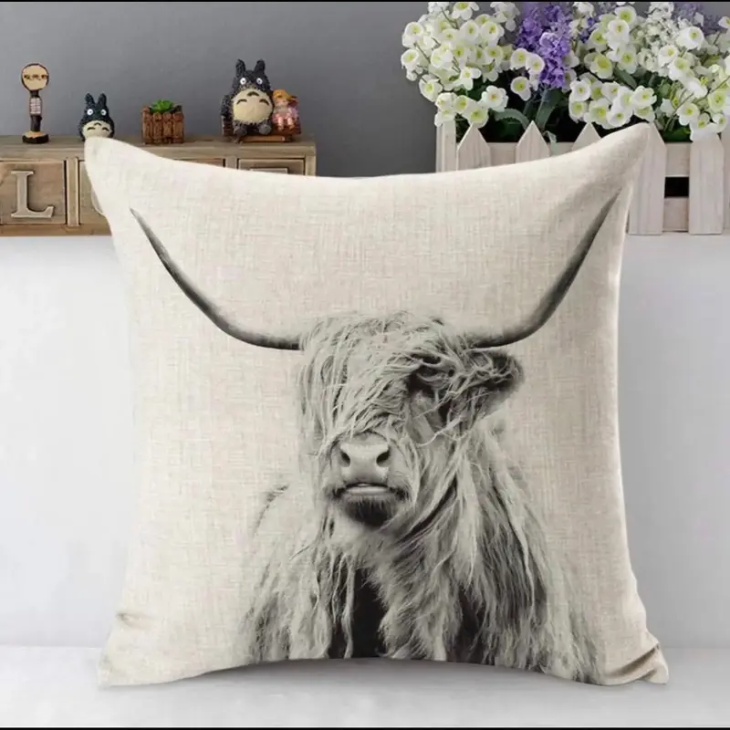 Farmhouse Cow or Pig Decorative Throw Pillow Cover Case Portrait of a Highland Cow Cattle Ox Horn or Cute Pink Pig