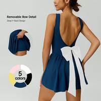 TIMEOFF Women's Deep V-Back Jumpsuit | Detachable Bow, 2-in-1 | Smocked Waist, Princess Seam | Yoga & Gym
